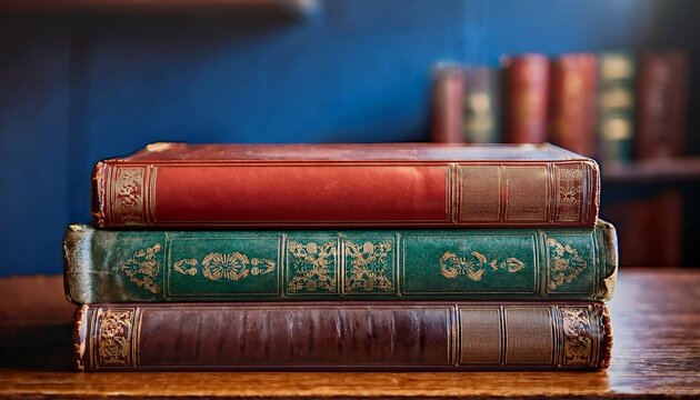 close front view of some antique books in shades of red blue brown and green standing on a wooden table with their spines facing forward in a classic looking library ambience