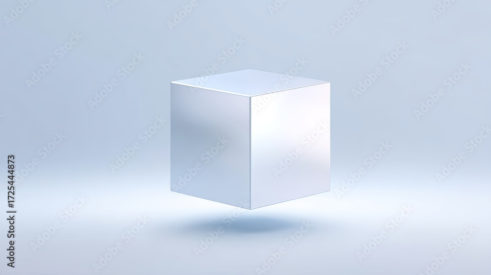 Aufkleber floating reflective cube against a soft blue background with subtle lighting effects