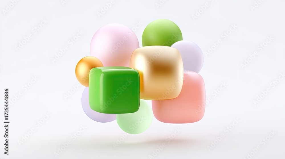 Poster colorful abstract shapes with various sizes floating on a soft background in a playful arrangement o