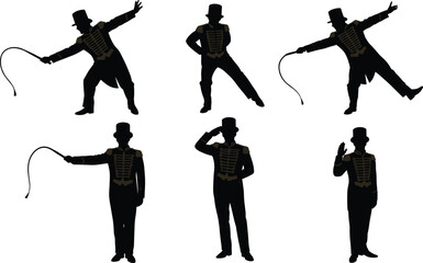 Ringmaster silhouette illustration with top hat and whip, circus leader poses, performance character design, theatrical authority figure artwork sequence © Sabbir's World