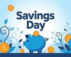 Savings day piggy bank illustration with blue piggy, coins dropping into slot, sprouting plant icons symbolizing financial growth, pastel gradient background, banner for savings and budgeting