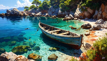 A rocky coastline with crystal-clear water, an old fishing boat drifting near the shore, untouched nature.
