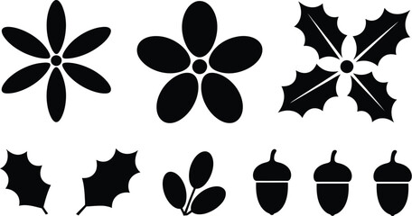 Black silhouette flower leaf acorn holly vector icon set art