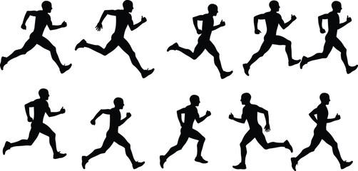 Running silhouette sequence showing athletic motion, human biomechanics, sports training, fitness exercise, jogging cycle, dynamic posture, athlete movement