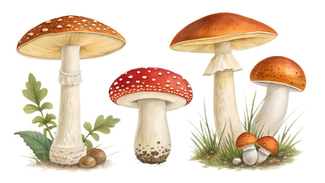 Realistic Autumn Mushrooms PNG Set &ndash; Isolated Chanterelles, Porcini, and Fly Agaric on Transparent Background