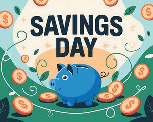 Savings day piggy bank illustration with blue piggy, coins dropping into slot, sprouting plant icons symbolizing financial growth, pastel gradient background, banner for savings and budgeting