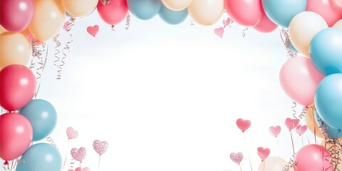 Pastel balloons framing a joyful birthday invitation and greeting card design template.