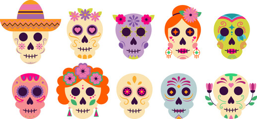 Fototapeta premium Set of isolated vector Mexican skulls with bright patterns, decorations, and flowers for the Day of the Dead.