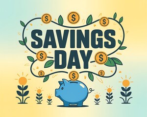 Savings day piggy bank illustration with blue piggy, coins dropping into slot, sprouting plant icons symbolizing financial growth, pastel gradient background, banner for savings and budgeting