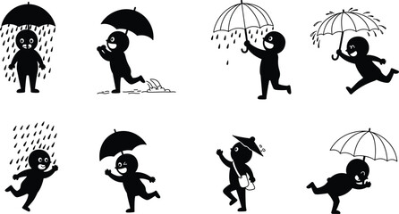 Silhouette people with umbrellas in rain, funny rainy day illustration, wind storm umbrella art, lifestyle concept, weather protection design