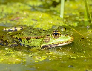 Obraz premium A green frog partially submerged in murky, green water, amidst aquatic plants