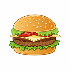 Deliciously rendered illustration of a classic cheeseburger with fresh lettuce, ripe tomato slices, melted cheese, and a juicy beef patty, all nestled within a sesame seed bun