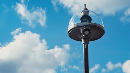 A Close-Up of a CCTV Camera on a Street Light Under a Daylight Sky