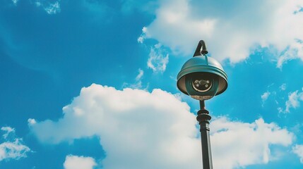 A Close-Up of a CCTV Camera on a Street Light Under a Daylight Sky