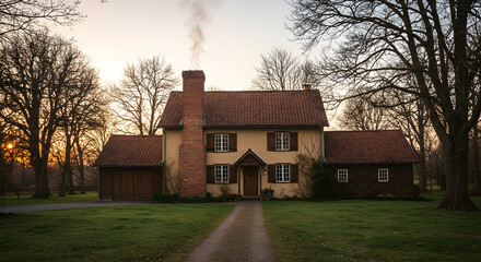 Fototapeta premium A home with a smoke curling from its chimney
