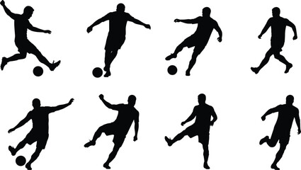 Soccer silhouette, football player, kicking ball, dribbling action, dynamic movement, sports training, athletic pose, black outline, competitive game, teamwork, fitness