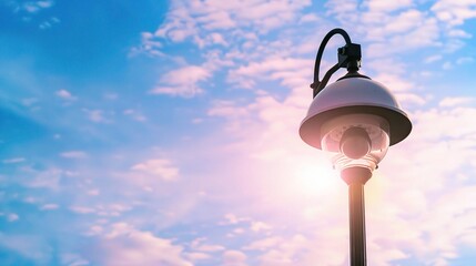 A Close-Up of a CCTV Camera on a Street Light Under a Daylight Sky