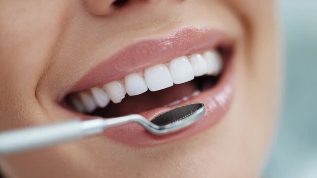 A patient smiles as a dentist examines their teeth during a routine dental checkup. The clinic emphasizes dental health and preventive care in a friendly environment