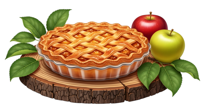 Delicious homemade apple pie with lattice crust, fresh apples, and green leaves on a wooden slice, isolated on transparent background