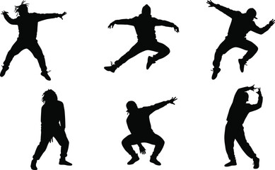 Street dance silhouette illustrations with hip‑hop poses, breakdance stunts, energetic moves, expressive choreography, freestyle performance, urban artwork sequence