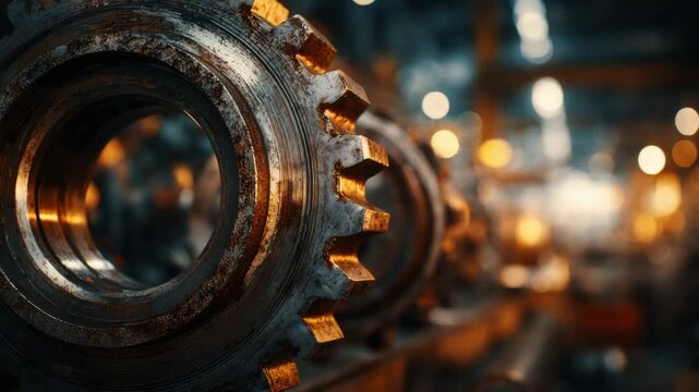 Close-up shots highlight the gears and machinery in a manufacturing facility. The warm lighting enhances the intricate details of the mechanical components