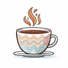 Vibrant hand-drawn illustration of a steaming hot cup of coffee or tea, featuring a colorful wavy pattern on the mug