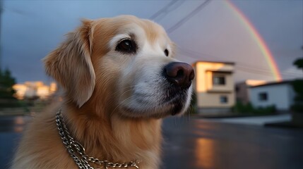 A friendly golden retriever dog sitting outdoors and looking up at a colorful rainbow in the evening sky