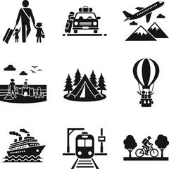 Fototapeta premium Collection of travel icons illustrating diverse transportation and vacation options icons