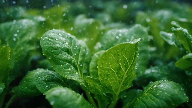 Healthy green leaves thrive in a vibrant garden as they receive moisture from light rain. The plants sparkle with droplets, showcasing their freshness and vitality