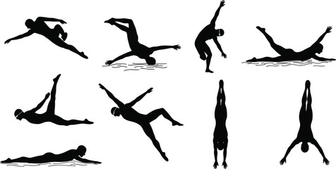 Swimming silhouette illustration showing freestyle, backstroke, butterfly, diving, aquatic sports training, athlete motion, water technique, fitness exercise, dynamic movement design
