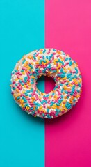 Vibrant Sprinkled Donut on Teal and Pink Background: Sweet Treat, Minimalist Food Photography