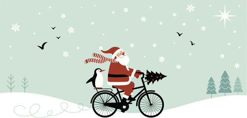 Santa claus riding bike with christmas tree and penguin vector