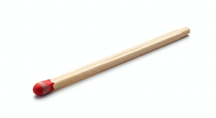 A single wooden matchstick with a red tip on a white background lies