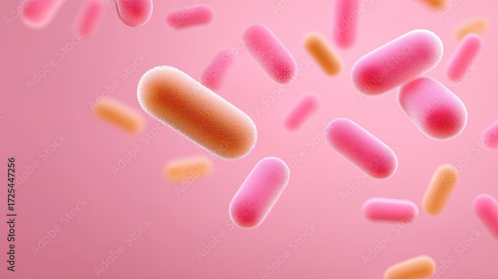 Poster colorful bacteria and microorganisms on a soft pink background representing science and microbiology