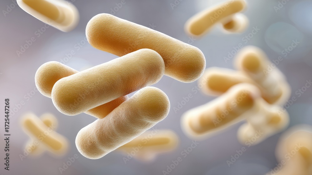 Poster close-up view of microorganisms under microscope displaying shape and texture of rod bacteria in fuz