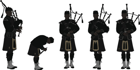 Traditional Scottish bagpiper musician in kilt, cultural heritage performance, bagpipes music, Highland attire, Celtic festival celebration, marching band parade illustration