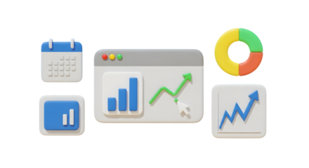 Collection of 3d business and finance icons including calendar, charts, and graphs, isolated on transparent background