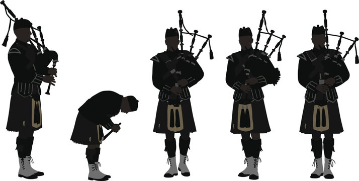 Traditional Scottish bagpiper musician in kilt, cultural heritage performance, bagpipes music, Highland attire, Celtic festival celebration, marching band parade illustration