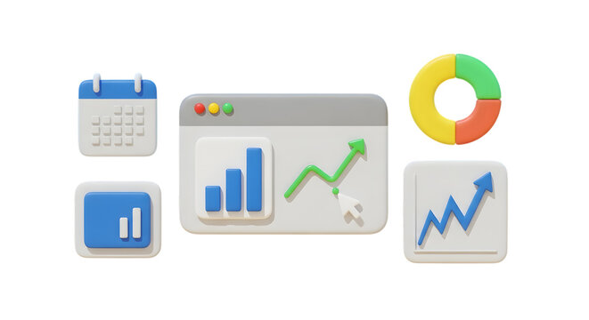 Collection of 3d business and finance icons including calendar, charts, and graphs, isolated on transparent background