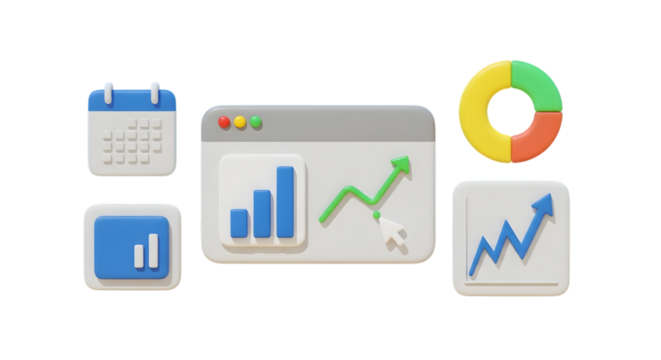 Collection of 3d business and finance icons including calendar, charts, and graphs, isolated on transparent background