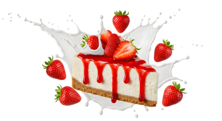 Slice of strawberry cheesecake with fresh strawberries and strawberry syrup, isolated on transparent background