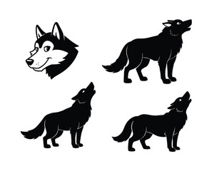 Collection of four illustrative silhouette drawings of a husky dog and three howling wolves on a white background