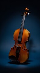 Fototapeta premium Elegant Violin on Deep Blue Background: Studio Shot, Classical Music, Refined Mood