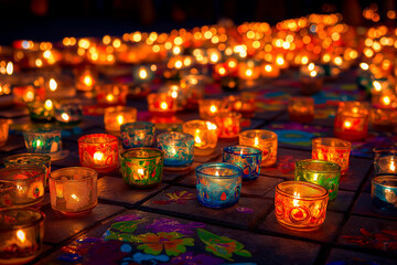 Colorful candles glowing on Día de las Velitas