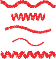 Various red grunge strokes are displayed with curvy and wavy shapes on a transparent background