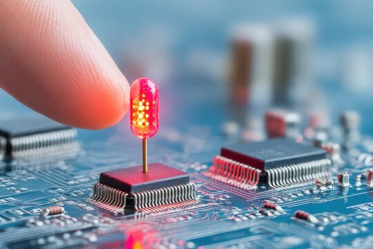 Human finger touching red glowing LED on electronic circuit board