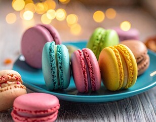 Colorful Macarons on Teal Plate