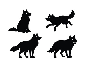 Four distinct black silhouette illustrations of a cartoon wolf in various poses on a white background