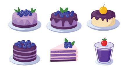 Collection of delicious purple and berry decorated cakes and a drink