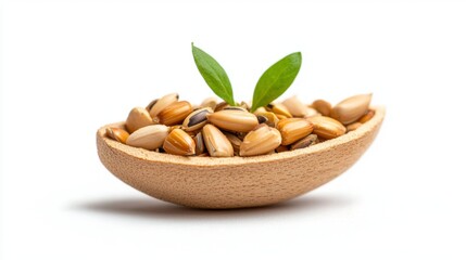 Fresh Sunflower Seeds in Wooden Bowl with Green Leaves on White Background for Healthy Eating and Nutrition Concepts